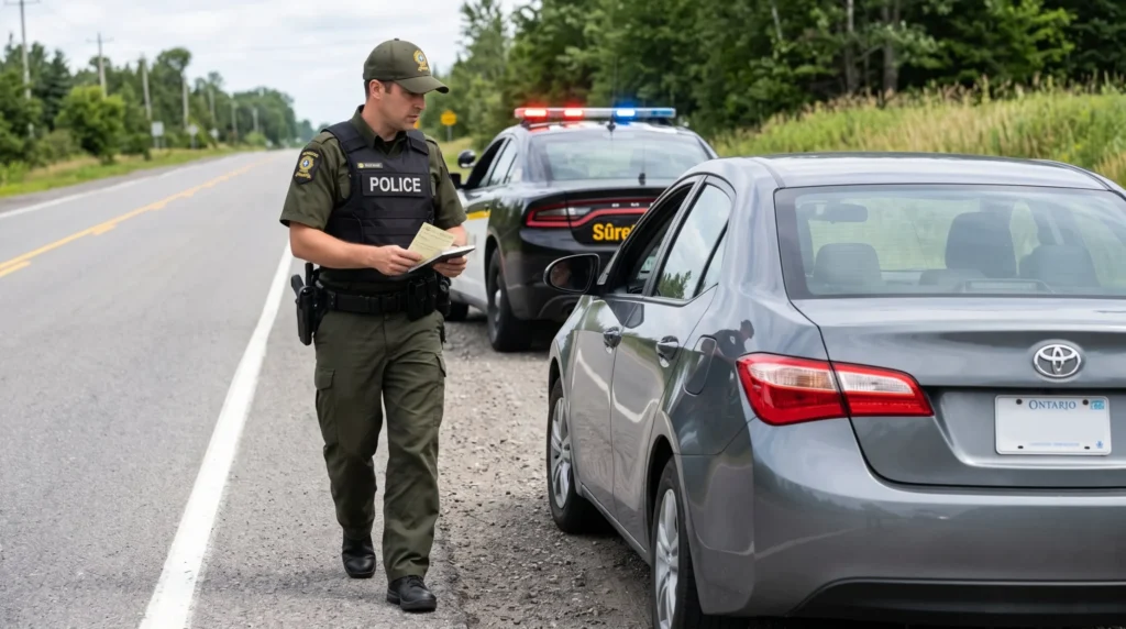 Sûreté du Québec officer handing a ticket to an Ontario-plated vehicle