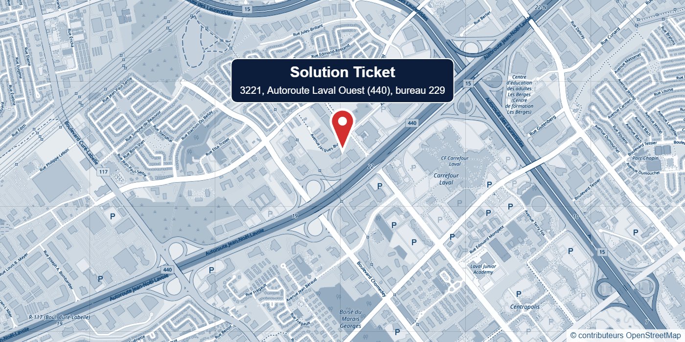 Carte routière : Solution Ticket, 3221, autoroute Laval Ouest (440), bureau 229, Laval