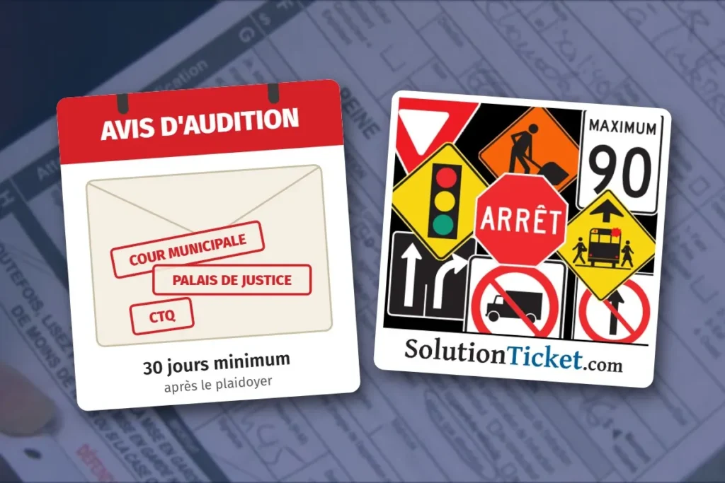 Enveloppe avec tampons Cour municipale, Palais de justice et CTQ – avis d’audition, 30 jours minimum