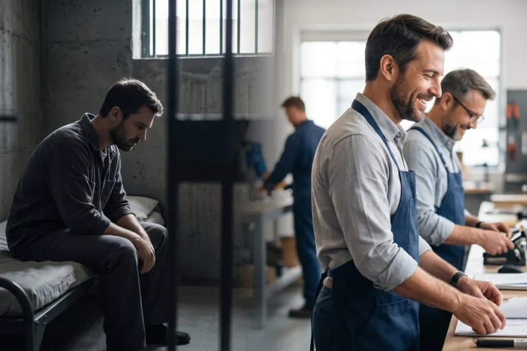Hombre abatido en una celda a la izquierda y hombre sonriente trabajando en un taller a la derecha – solicitud de indulto y suspensión de antecedentes penales