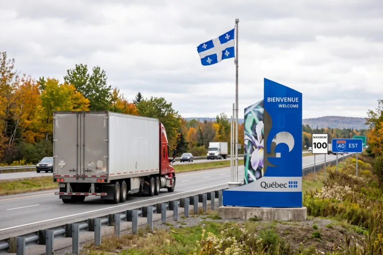 Camion lourd passant devant le panneau Bienvenue au Québec sur l’autoroute 40