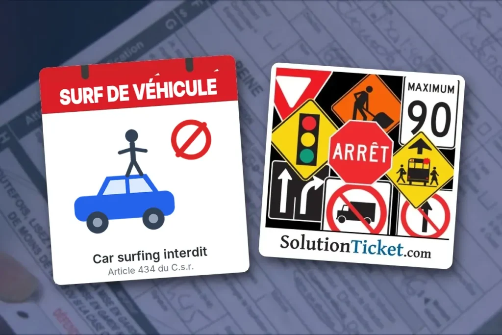 Personnage debout sur le toit d’une voiture, avec panneau d’interdiction – car surfing