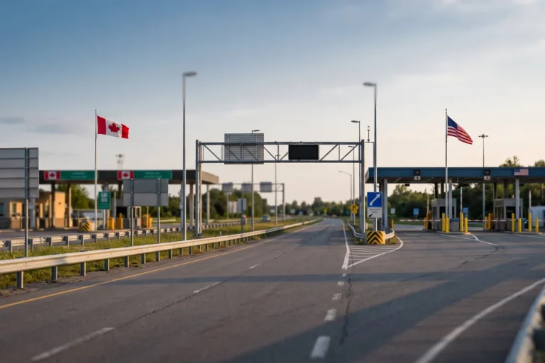 Poste frontalier entre le Canada et les États-Unis, avec les drapeaux des deux pays – waiver pour passer les douanes américaines